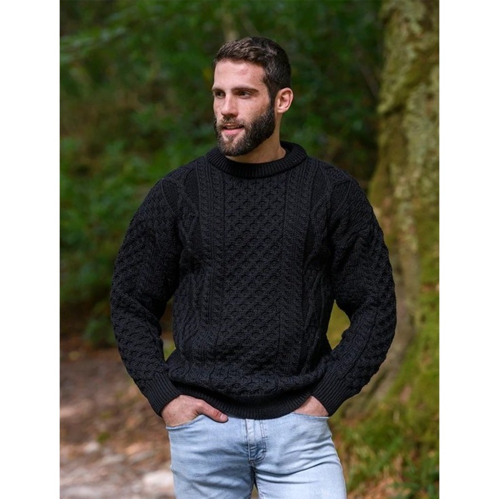 Aran Sweater Market Cable Knit Merino Wool Crewneck Sweater Navy Blue Medium